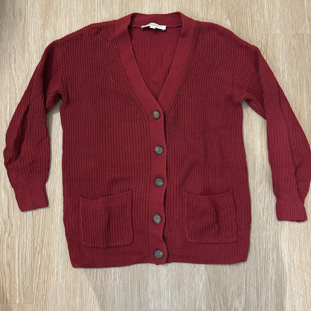 LOFT Deep Red Button-Up Cardigan